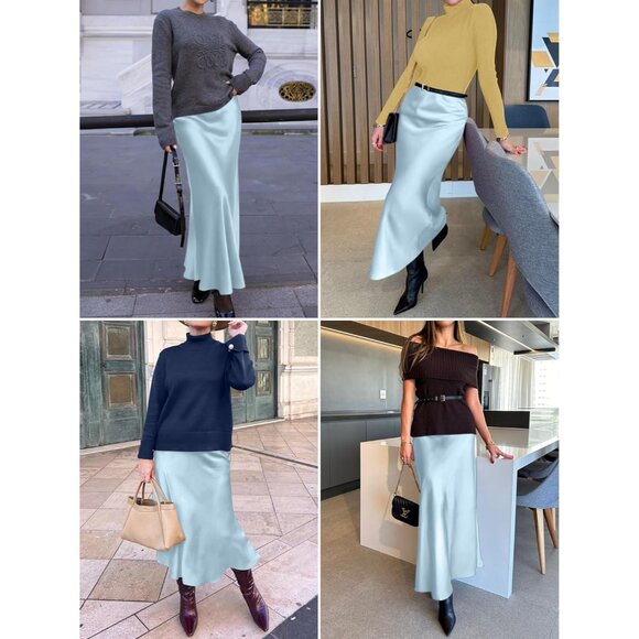 Elegant Satin Maxi Skirt for Women High Waisted Baby Blue Silk Fall Dressy Casul - Picture 3 of 7